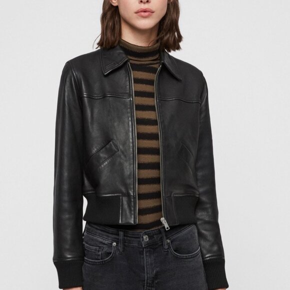 All Saints Cropped Pascao Leather Bomber Jacket Black Small us 8 - Picture 1 of 9